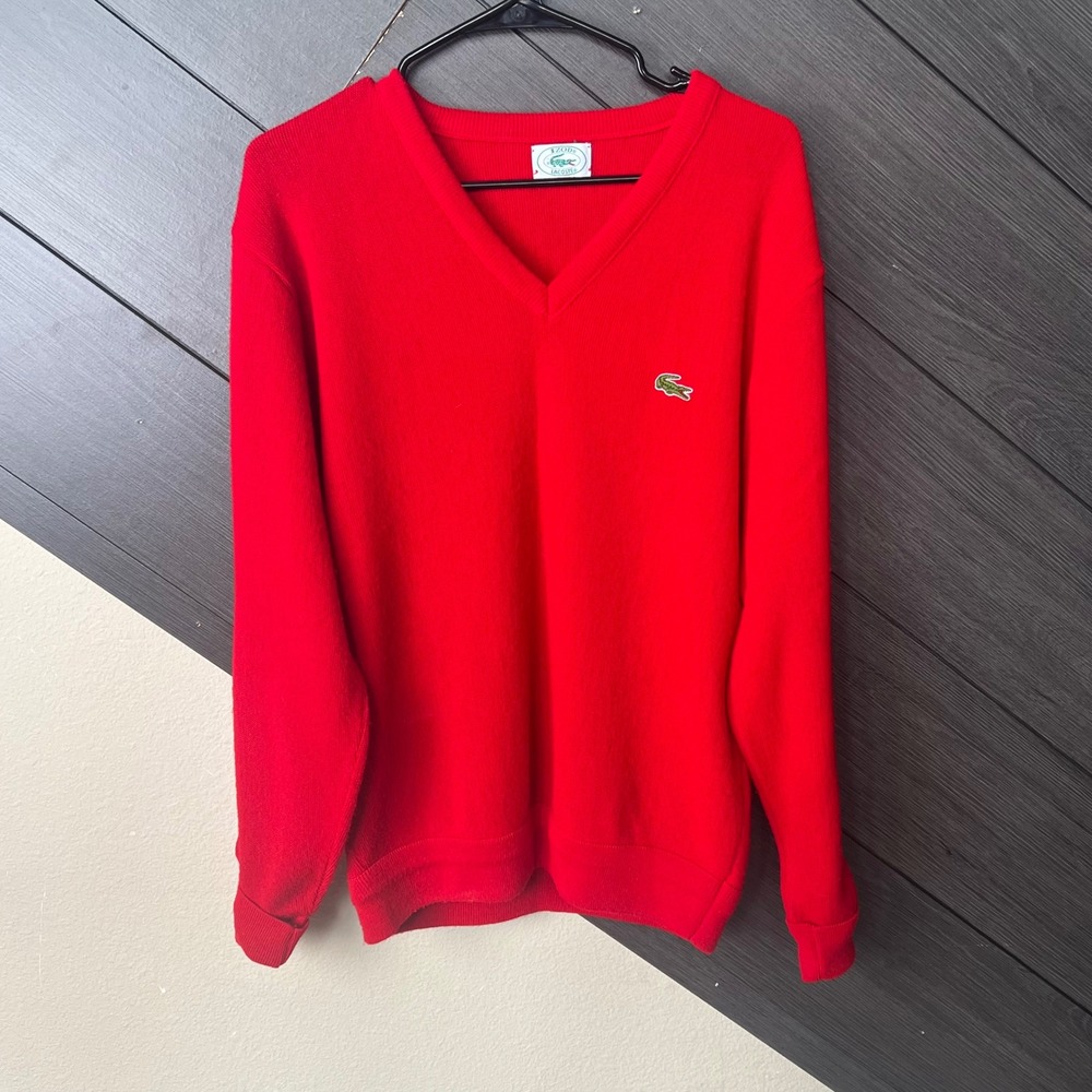 Izod Lacoste Men's V Neck Sweater Red Classic Logo Vintage XL Preppy Golf